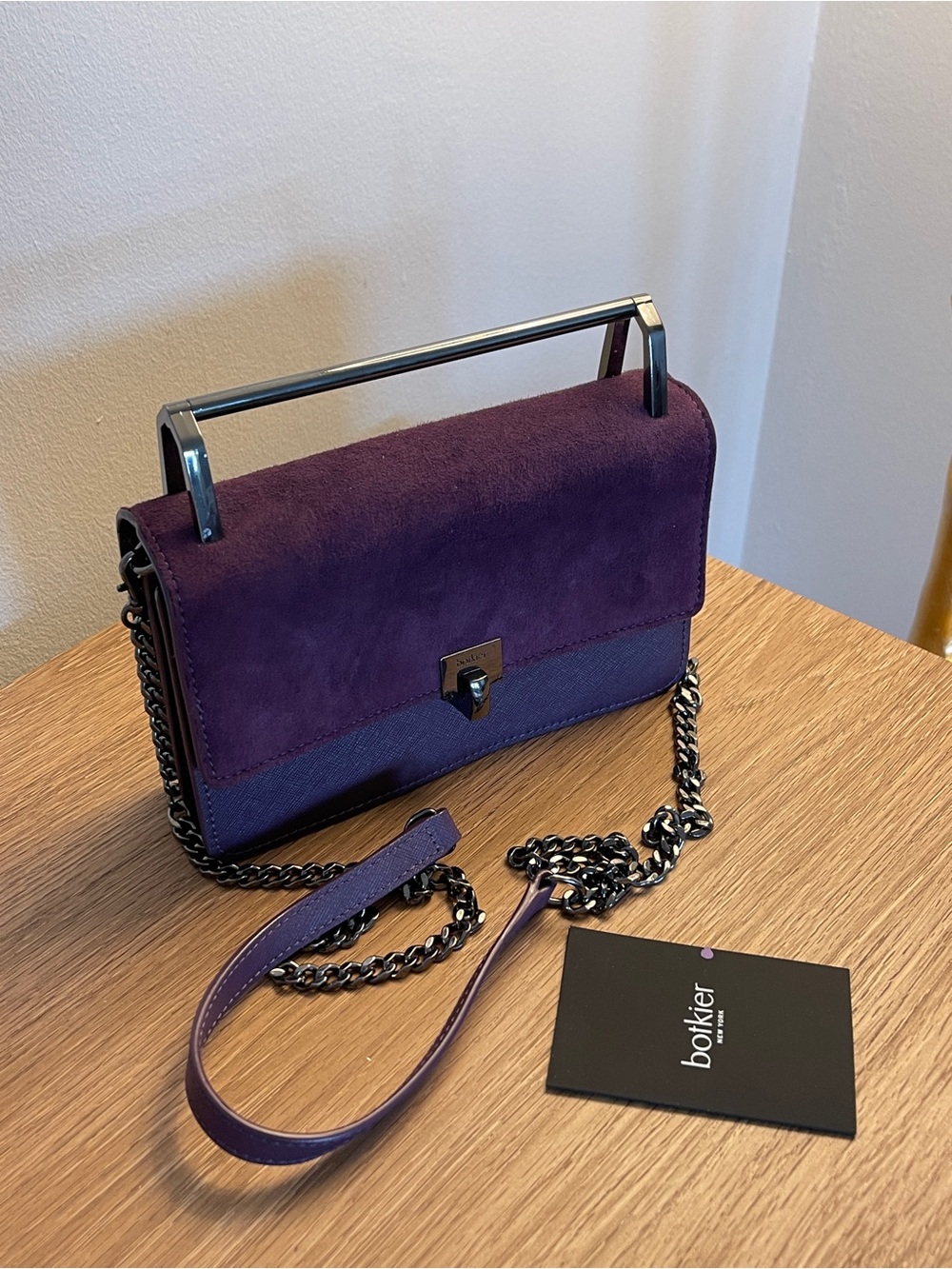 Botkier Plum Suede and Leather Shoulder Bag with Metal Top Handle